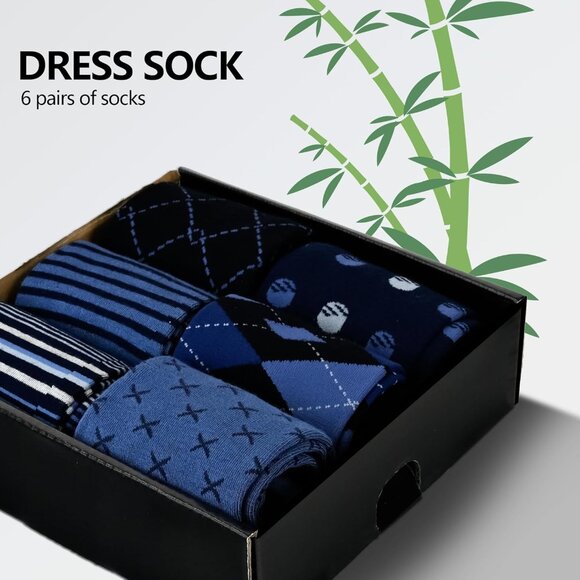 Mens Dress Socks Business Casual Pattern，6-Pairs Bamboo Crew Sock for Men Shoe S - Picture 2 of 7